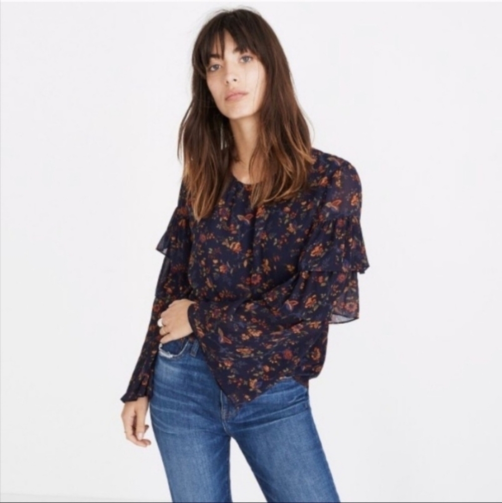 Madewell • Ruffled Tiered Sleeve Floral Blouse Navy Climbing Vine Women's Small